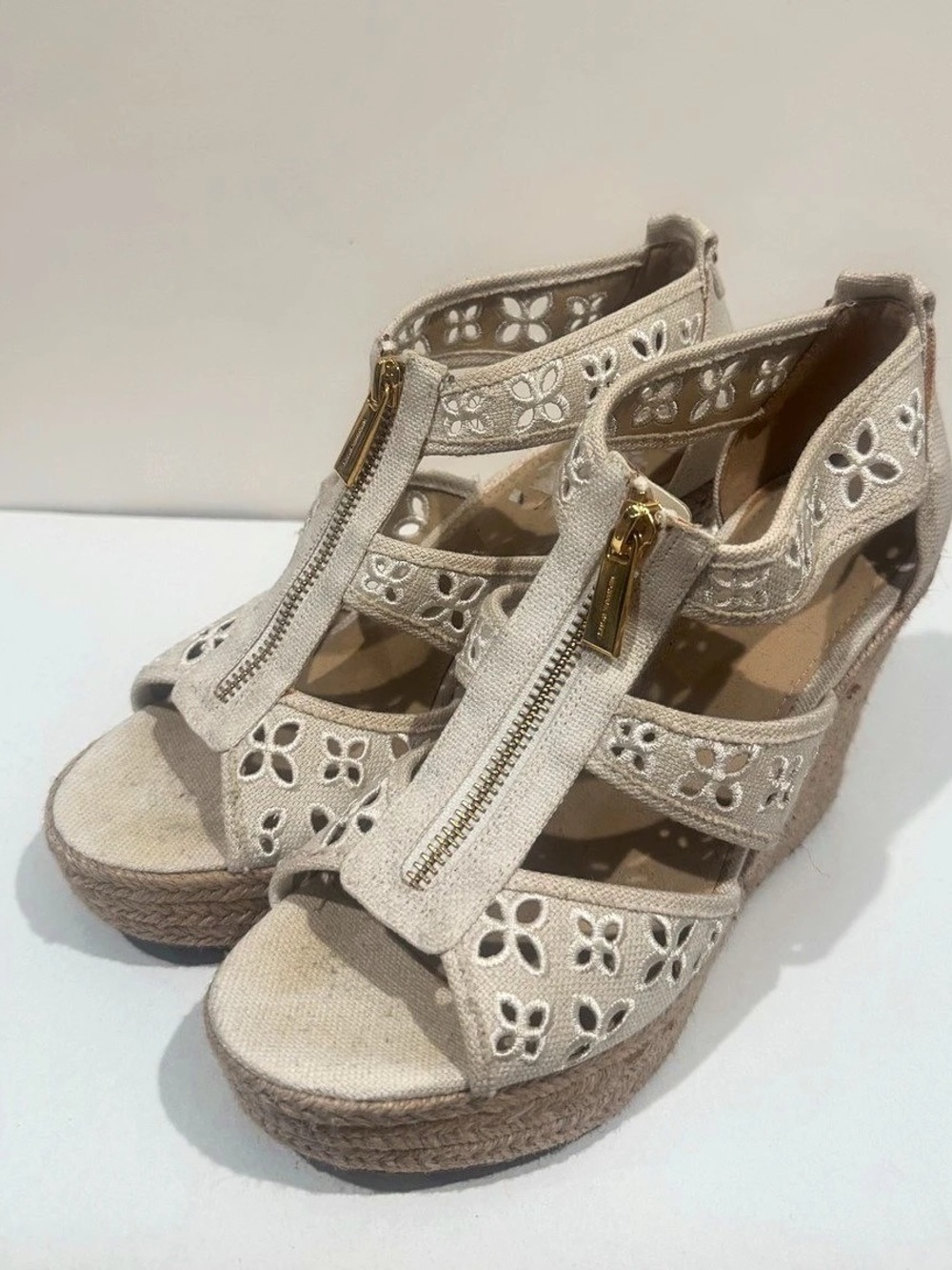 Michael Kors Floral Cutout Wedge Sandals in Beige
